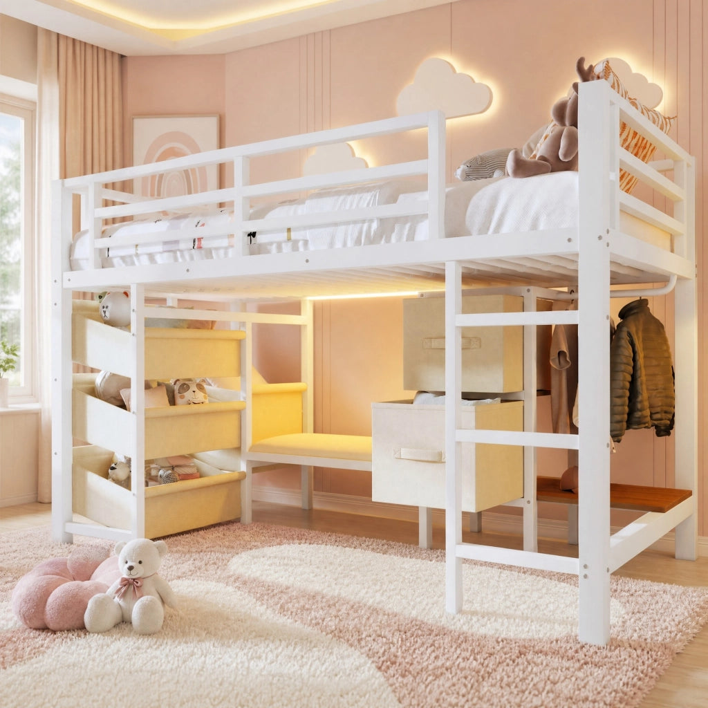 Letto a mezza altezza 90x200 cm in metallo bianco con LED