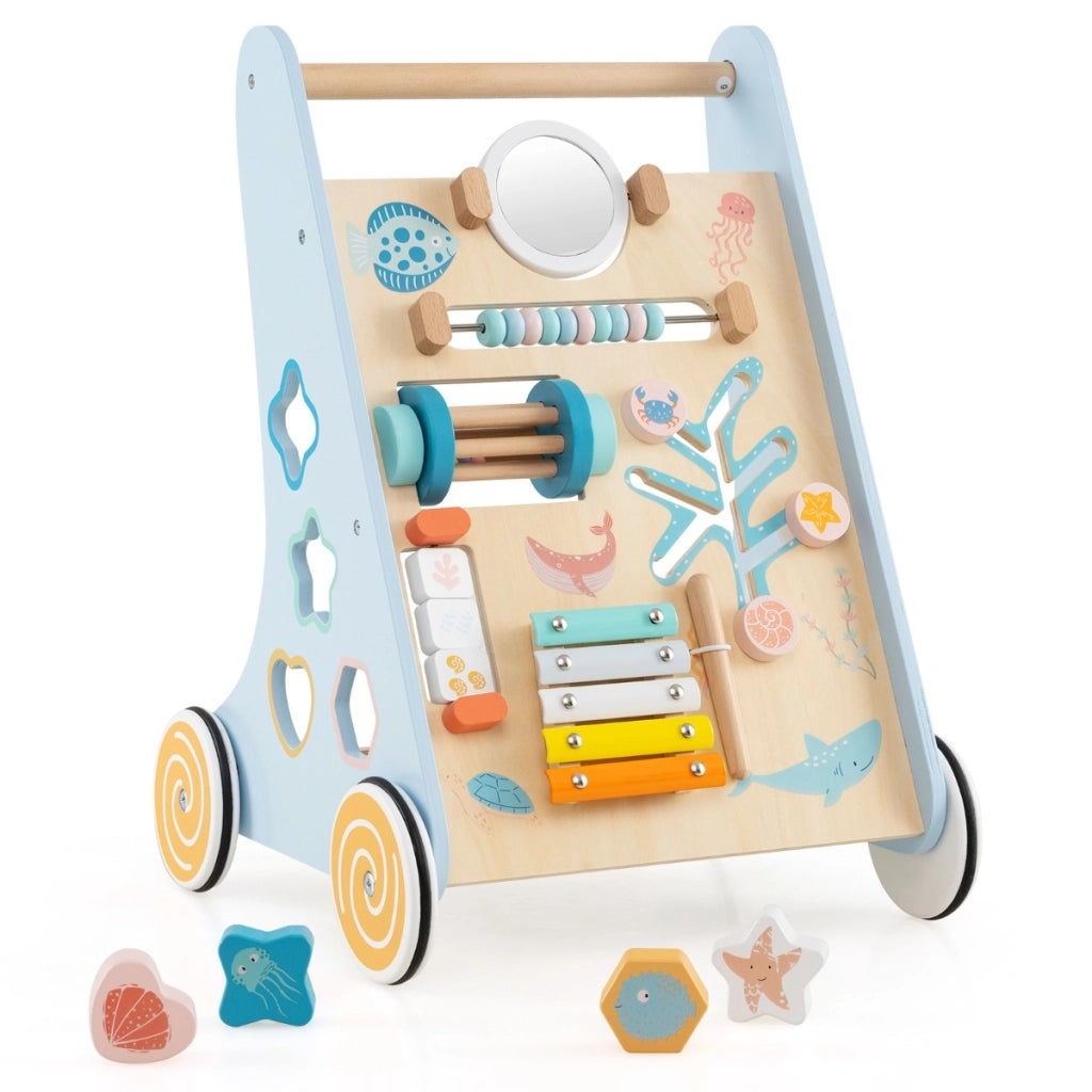 Girello in legno per bambini di apprendimento da spingere e tirare, Girello in legno per bambini per 1+ anni Blu