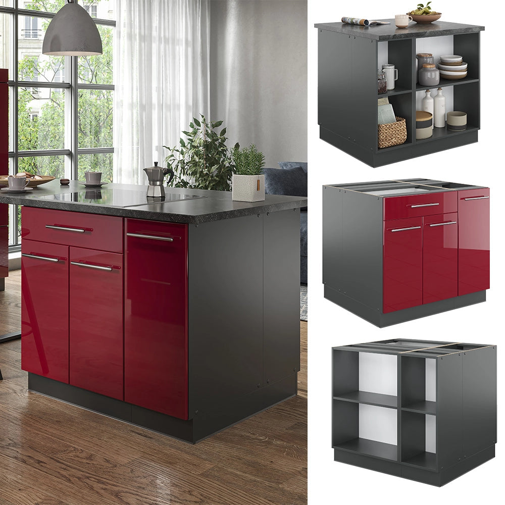Isola cucina Fame-Line Bordeaux lucido/Antracite 90 cm con cassetto, senza piano di lavoro Vicco