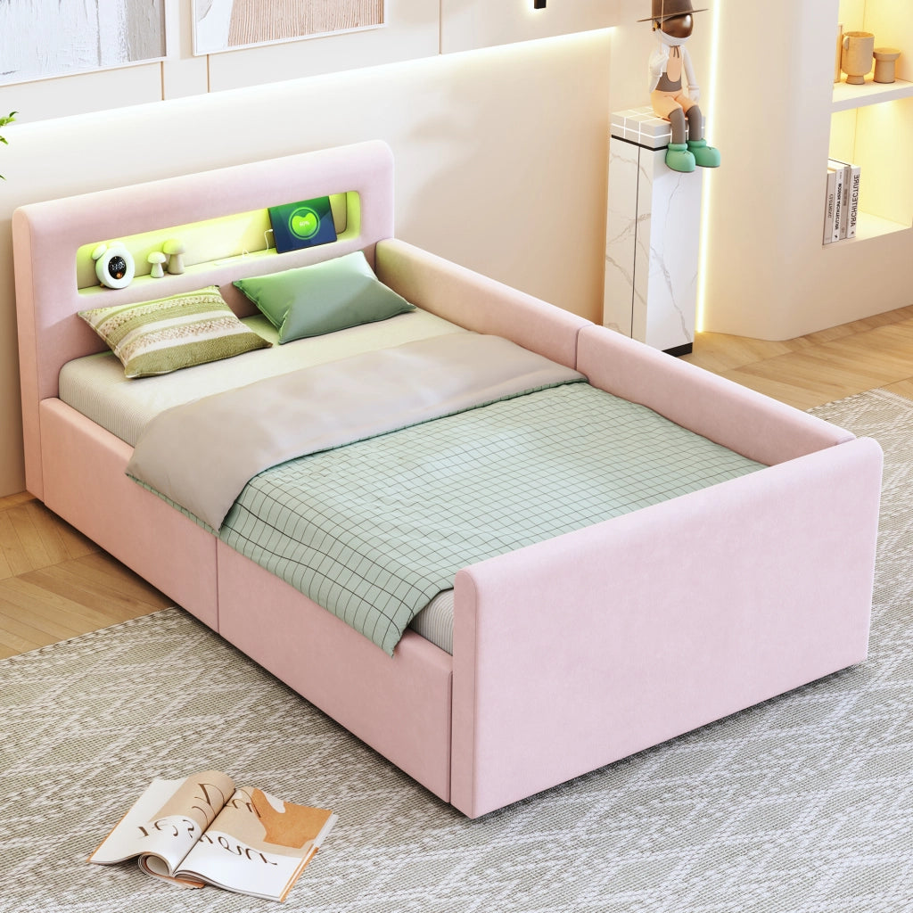 Letto singolo 90×200 cm con LED; luce notturna; USB e contenitore idraulico; senza materasso; rosa