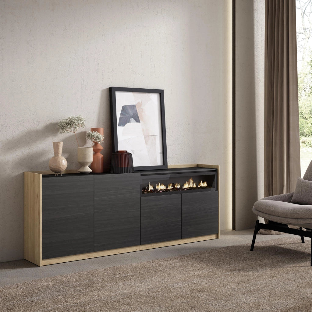 Credenza, Mobile, Cucina, 207x80x37 cm, 4 Porte, Camino elettrico, Nero e rovere
