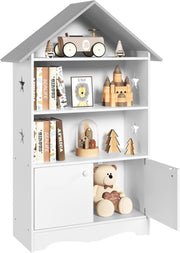 Libreria in Legno per Bambini, Scaffale a Forma di Casa, Porta Giochi Organizzatore per Cameretta, con Ante Bianco + Tetto Grigio 62x27,2x115cm