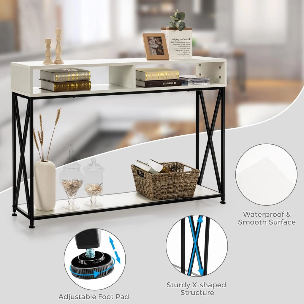 Tavolo Consolle Ingresso, Tavolini Stretto a 3 Ripiani, Salvaspazio e Multiuso, in Ferro, Industriale, Portata di 45 kg, 120x23x79cm, 3 Colori Disponibili, Nero/Bianco/Marrone
