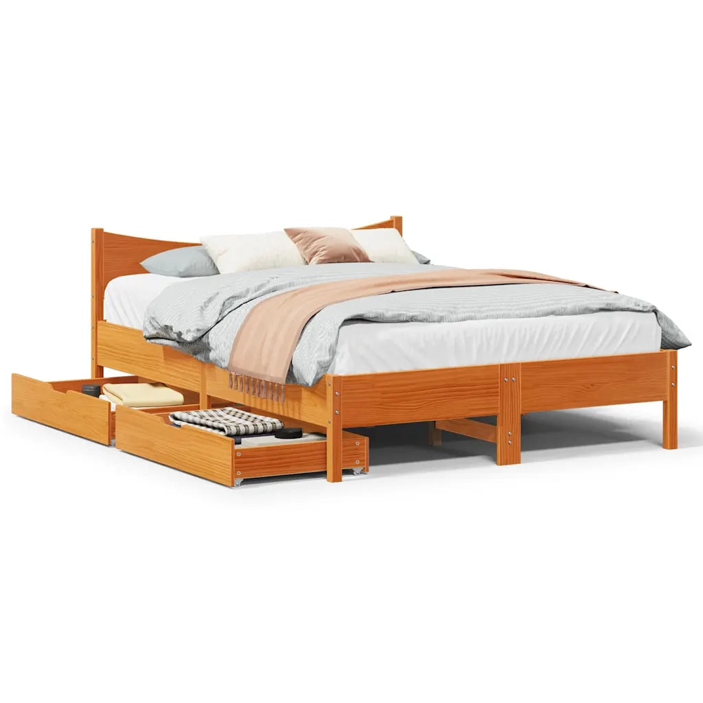 Letto matrimoniale | Letto per adulti | Giroletto con Cassetti Marrone Cera 150x200 cm Massello Pino