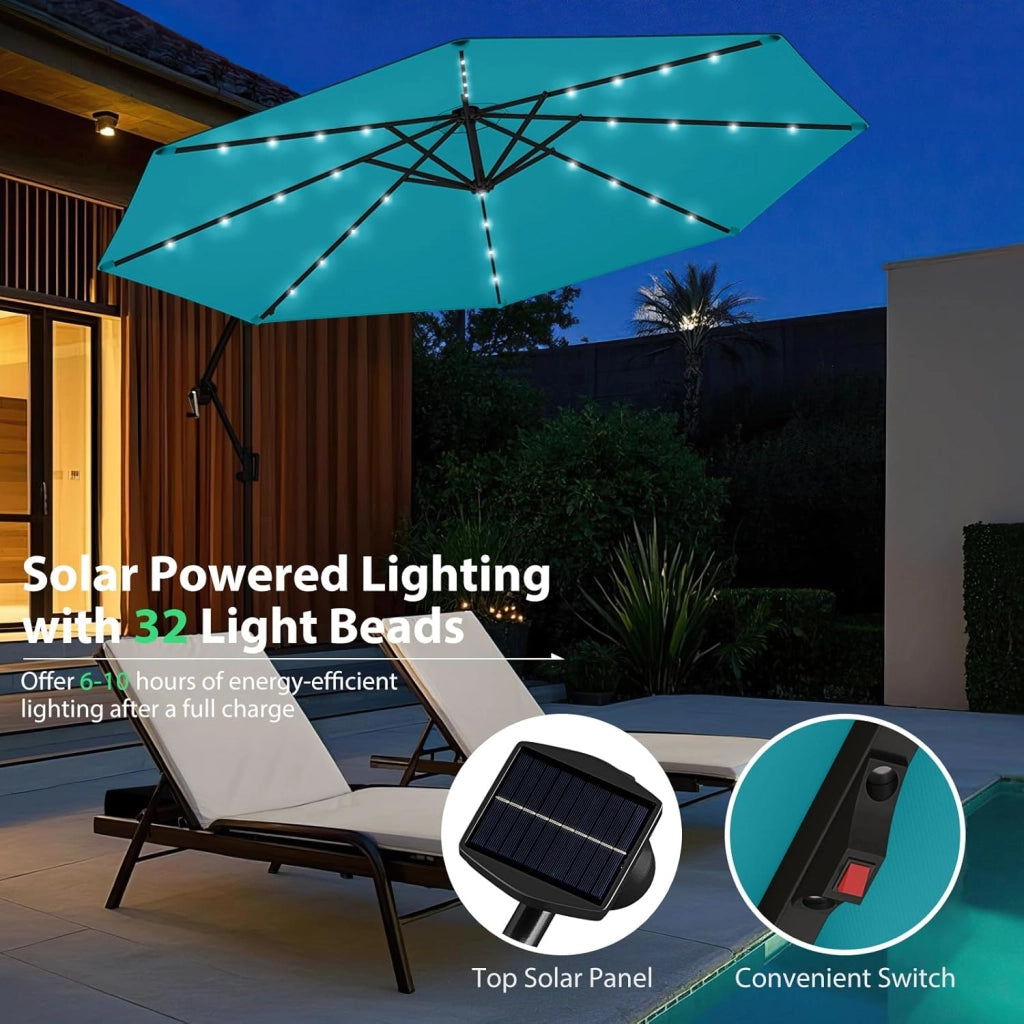 Ombrellone LED da giardino con manovella, ombrellone da terrazza con supporto, rotazione a 360°, pieghevole, inclinabile, ombrellone da 300 cm x 230 cm, per giardino, terrazza, piscina