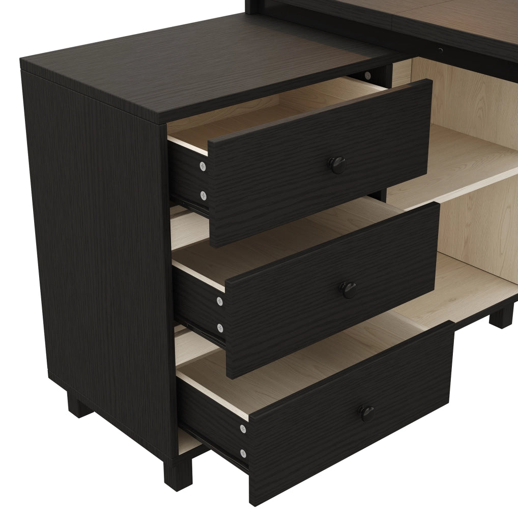 Scrivania angolare 150x100x76 cm con tre cassetti e due vani aperti in MDF e metallo nera