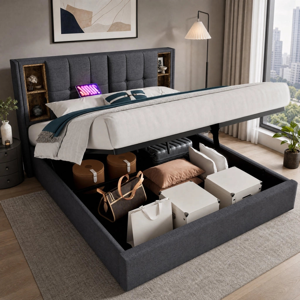 Letto matrimoniale imbottito 180x200 cm grigio con ricarica wireless; USB e contenitore