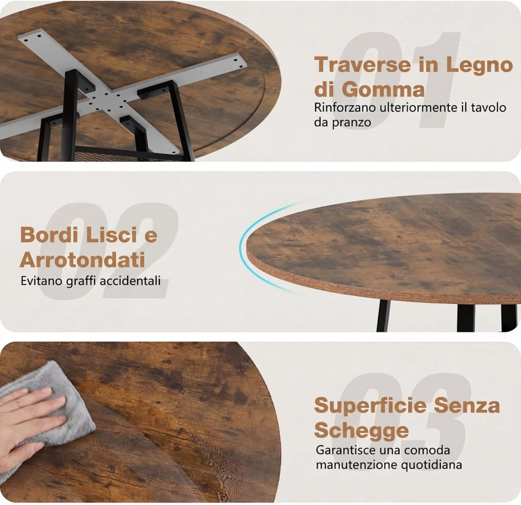 Tavolo da Pranzo Rotondo Ø120 cm, Tavolo da Cucina per 4-6 persone con Ripiano in Rete Metallica, Gambe in Metallo e Base a X Robusta, Stile Industriale, per sala da Pranzo e Soggiorno