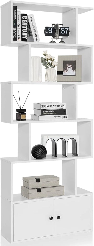 Scaffale a 6 Ripiani con cassetto, Libreria Autoportante, Scaffale da Terra, Design Moderno, 70 x 23 x 183 cm, Bianco/Marrone/Nero (Bianco)