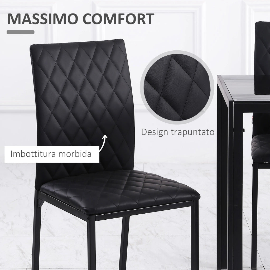 Set 4 Sedie da Pranzo in Similpelle con Cuciture a Rombi e Gambe in Metallo, Nero ¨C Zephmum ¨C 4 Pezzi