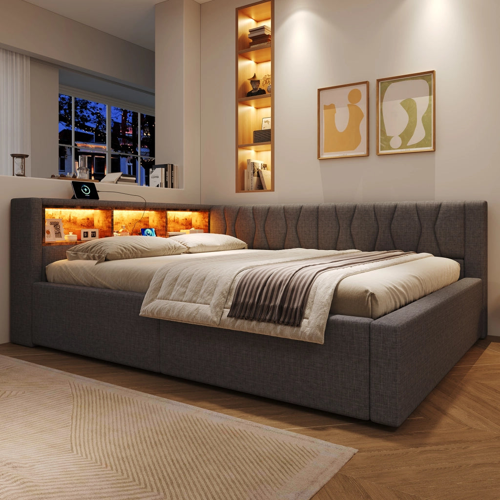 Letto contenitore 140x200 cm con sollevamento idraulico; LED dimmerabile; testiera con ripiano e USB; grigio