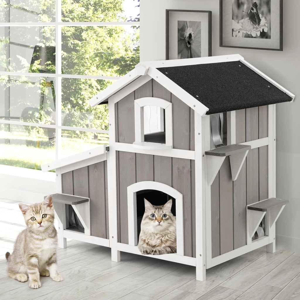 Casetta per Gatti con 2 Ingressi Frontali e 4 Bucchi con Tende in PVC, Villa per Gatti in Legno di Abete a 2 Piani con Tetto Impermeabile, Cuccia per Animali Piccoli, 100 x 64 x 82,5 cm