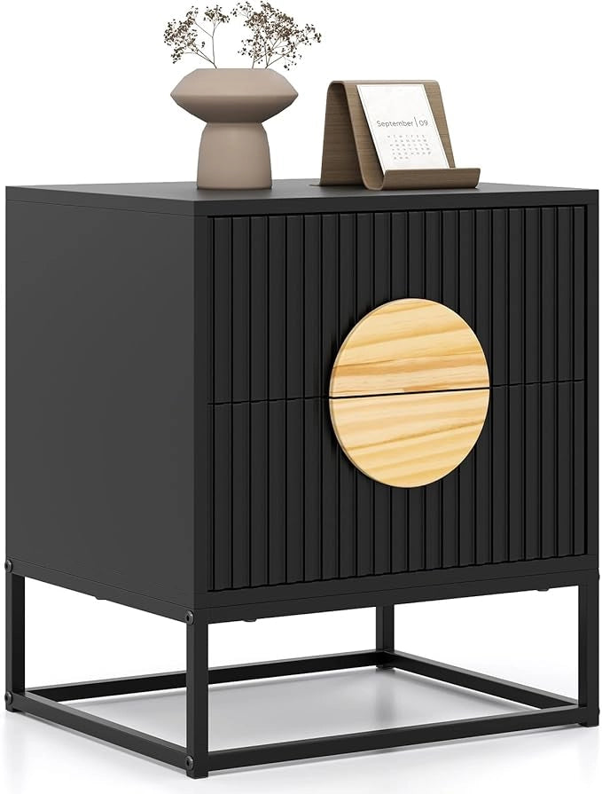 Comodino a 2 Cassetti, Tavolino con Maniglie in Legno di Pino e Struttura in Metallo, Cassettiera Salvaspazia Moderna per Camera da Letto e Soggiorno, 48 x 40 x 55 cm