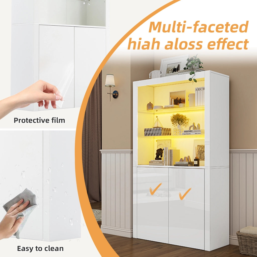 Vetrina con LED e ripiano in vetro temperato, 2 ante e vano contenitore, per soggiorno, bianco, 100 × 35 × 170 cm