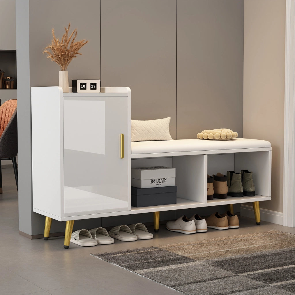 Scarpiera con panca e 3 ripiani regolabili con ante e vano aperto; per ingresso; bianco lucido; 120×35×71.5 cm