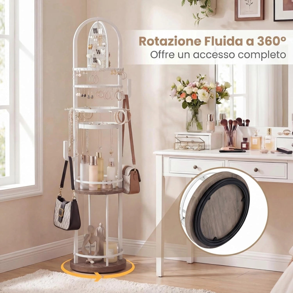 Supporto Porta Gioielli Girevole a 360°, con Portachiavi per Orecchini e Collane e 3 Ripiani, Torre Espositiva Porta Gioielli Autoportante (Grigio, Modello 1)