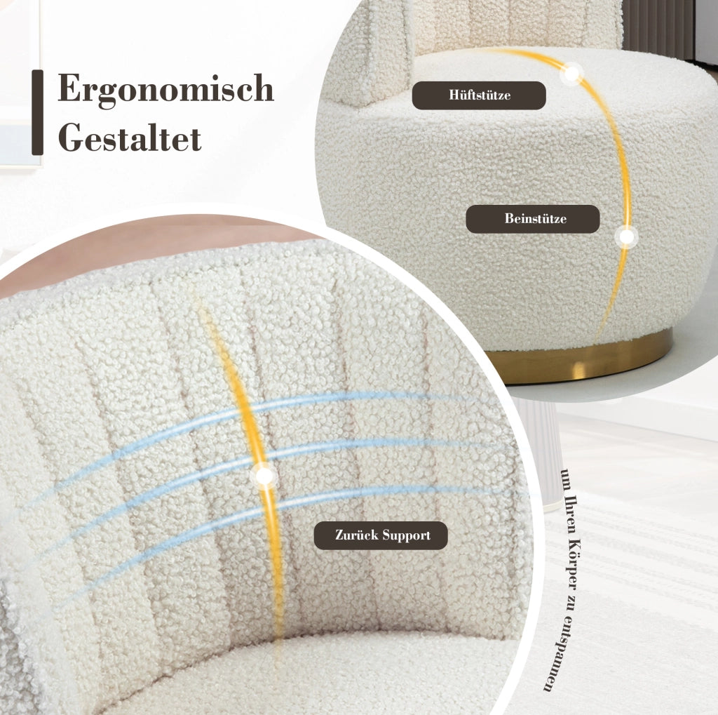 Poltrona girevole 360° in Teddy bianco; seduta imbottita; struttura in legno e metallo; 62;5x62x69;5 cm