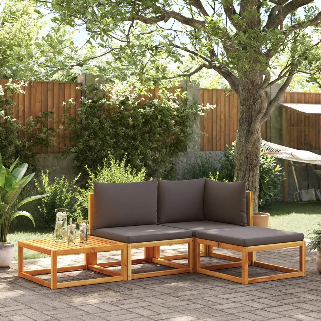Set di divani da giardino 4 pz | Set Salotto da Giardino con cuscini in legno di acacia e rattan