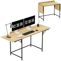 Scrivania per Computer Pieghevole con 2 Piani Estraibili, Ampio Spazio per Monitor, Gambe Metalliche, Struttura Robusta, Rovere+Nero