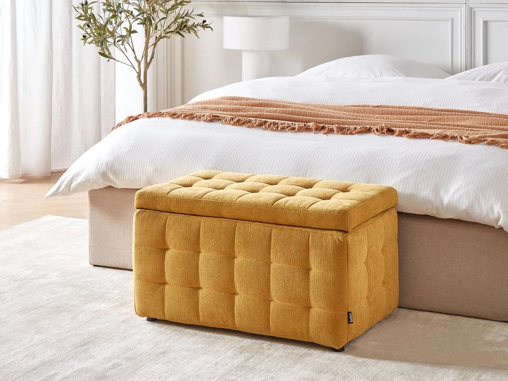 Pouf contenitore in tessuto giallo con coperchio trapuntato camera da letto