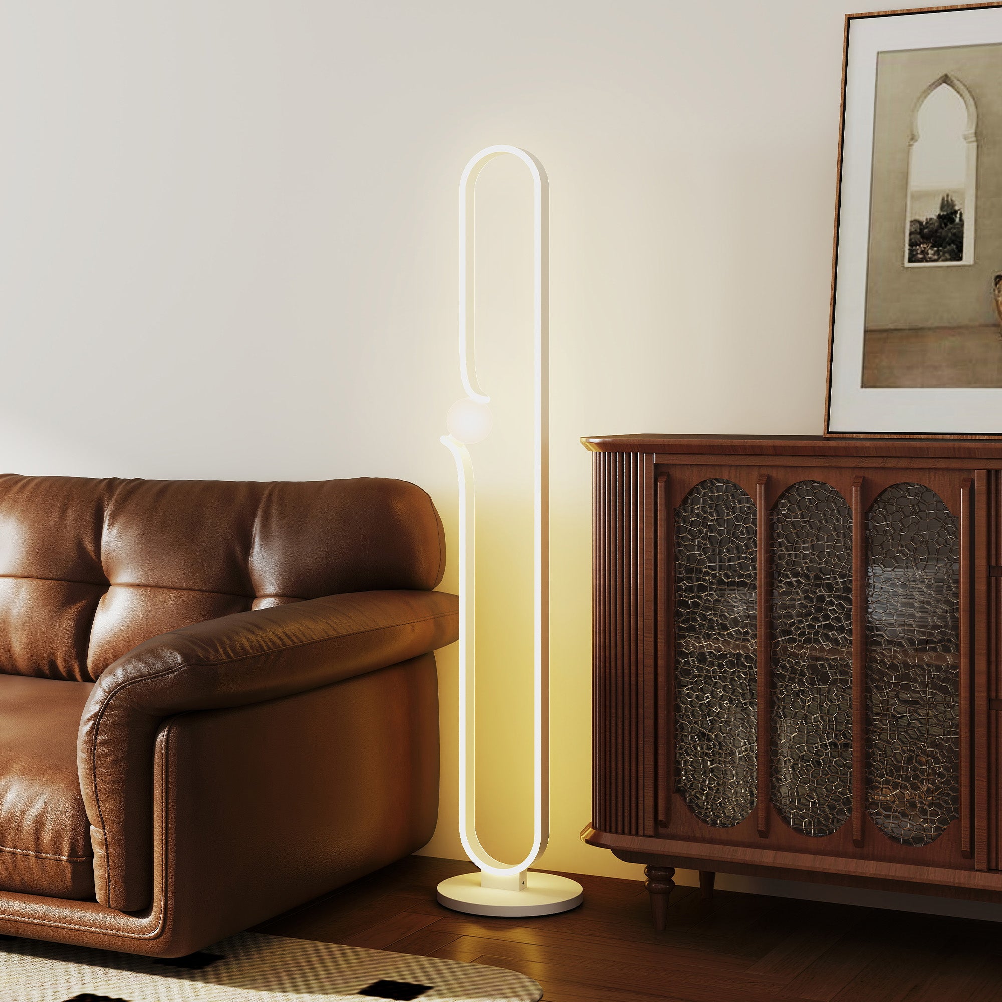 Lampada da Terra a LED Design ad Arco con Sfera in Vetro Luminosità Regolabile e Interruttore a Pedale Bianco