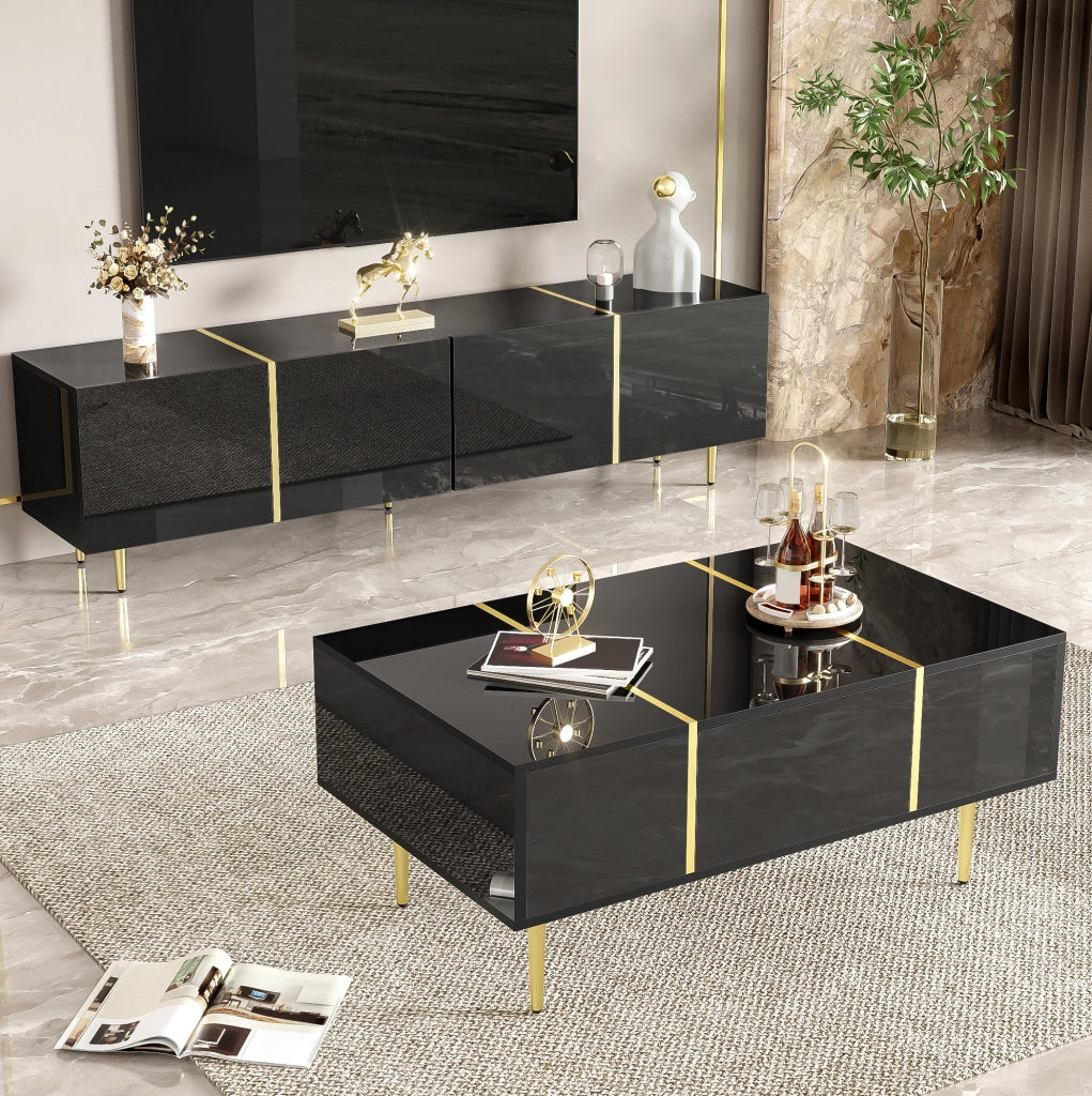 MOBILE TV e TAVOLINO Set 2 unità Nero lucido MDF con dettagli oro
