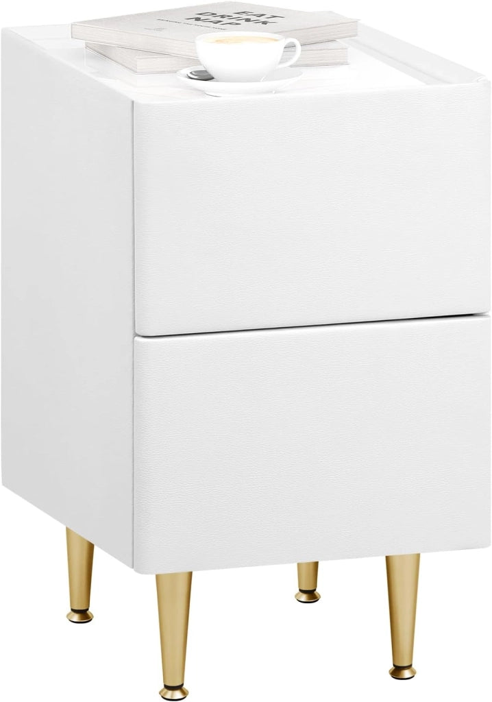 Comodino Camera da Letto, Tavolino da Notte con 2 Cassetti, Piano Lucido, Rivestimento in PVC, 40x30x51cm, Tavolino da Divano, MDF+PVC+Metallo, Bianco+Dorato, NTS10ws02