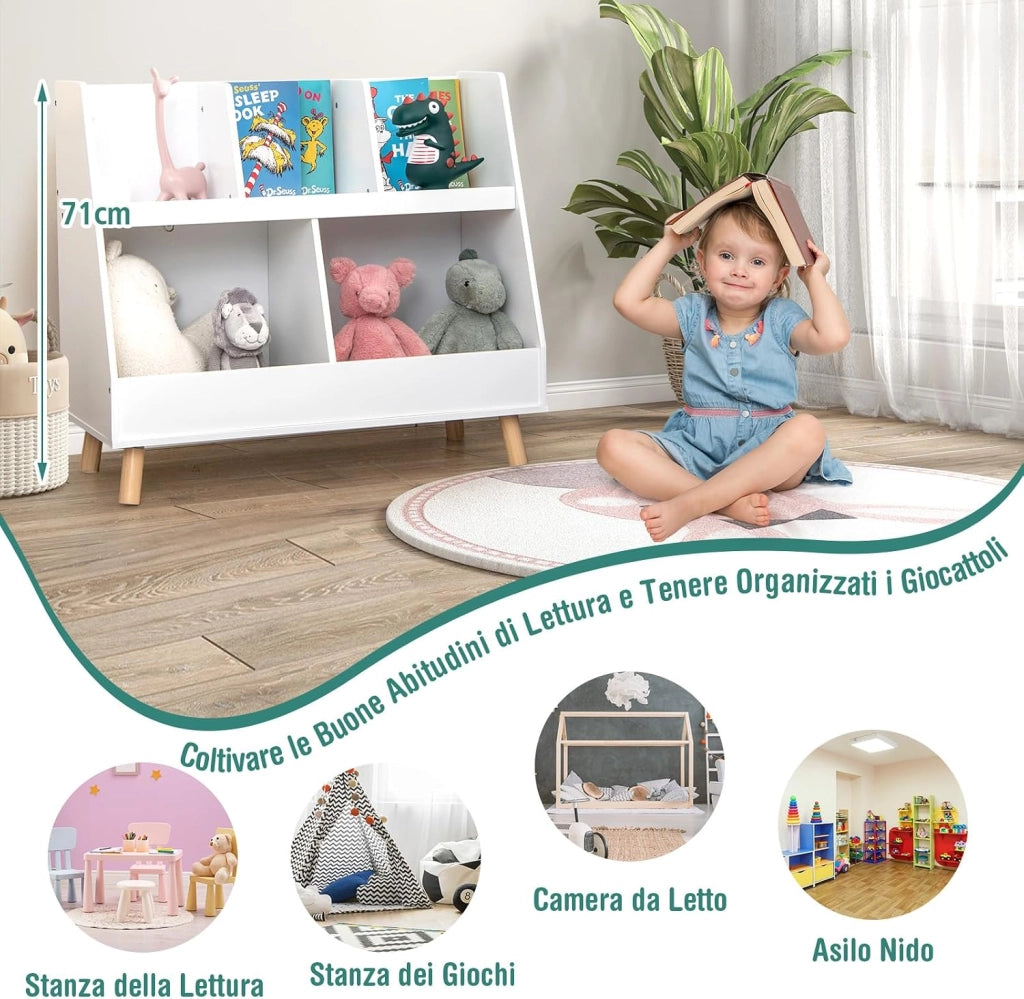 Libreria per Bambini a 5 Cubi, Scaffale Portagiochi a 2 Livelli con Gambe in Legno e Kit Antiribaltamento, per Stanza dei Giochi Camera da Letto, 80x35x71 cm
