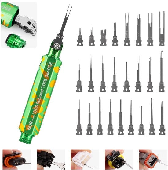 Strumento di apertura migliorato per la rimozione di connessioni con 1 maniglia di stoccaggio e 26 punti per estrattore di pin sostituibile Kit di connessione automatica per Deutsch AMP TE Molex JST JPT Harting