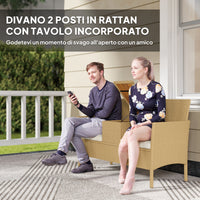 Panca da Giardino con Tavolino a Ribalta Portaoggetti 134x58x82 cm in Rattan e Acciaio Crema e Cachi