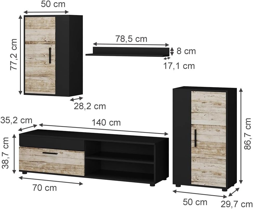 Parete attrezzata Berno, Antracite/beige, Set di 4 pezzi, per la conservazione di dispositivi multimediali e accessori