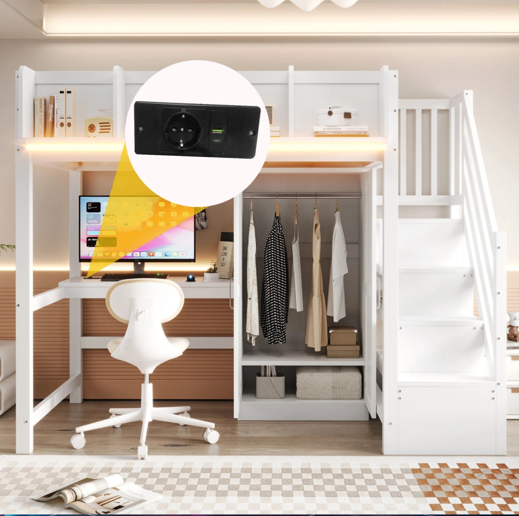Letto a soppalco 90x200 con scrivania, armadio e scala contenitiva