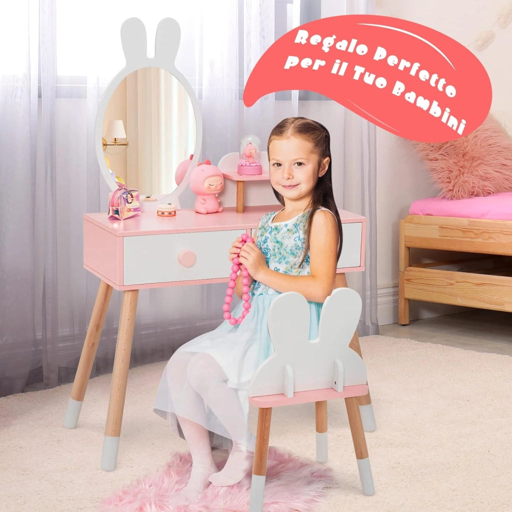 Toeletta Trucco 2 in 1 per Bambina, Specchiera a Forma di Coniglio Staccabile per Ragazza in Legno con Sgabello, Ripiano e 2 Cassetti, Postazione Trucco, 78 x 37 x 110cm (Bianco)