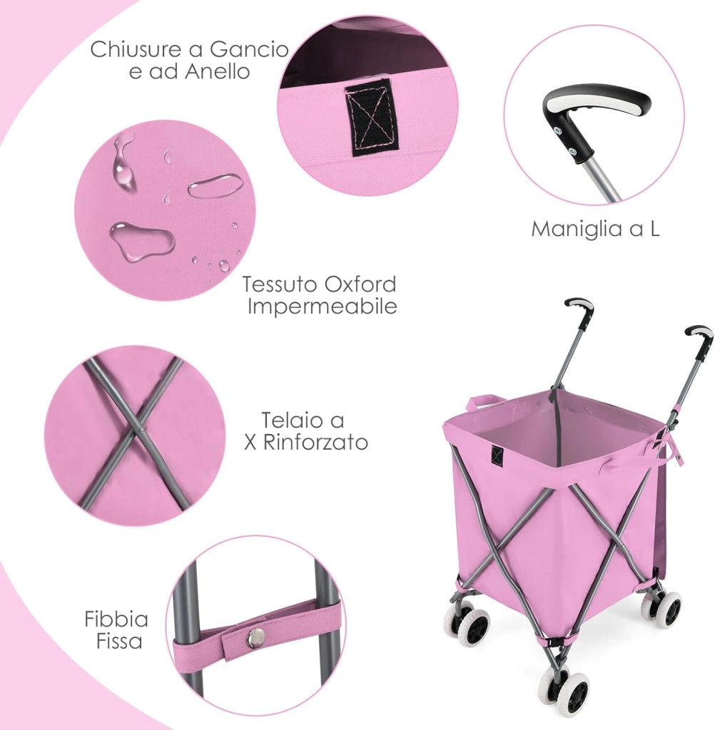 Carrello Spesa Pieghevole con Ruote, Carrello Portaspesa con Fodera in Tessuto Oxford Rimovibile e Impermeabile, 90L, Capacità di peso 55 kg (Rosa)