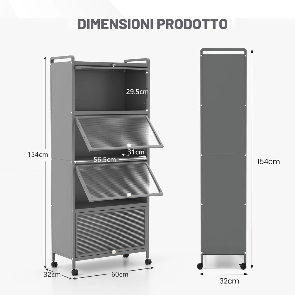 Mobile Dispensa Cucina a 5 Livelli, Mensola Microonde con Anta a Vista, Ruote, Dispositivo Antiribaltamento, Scaffale da Cucina in Ferro per Soggiorno, Sala da Pranzo, 60x32x154cm (Grigio)