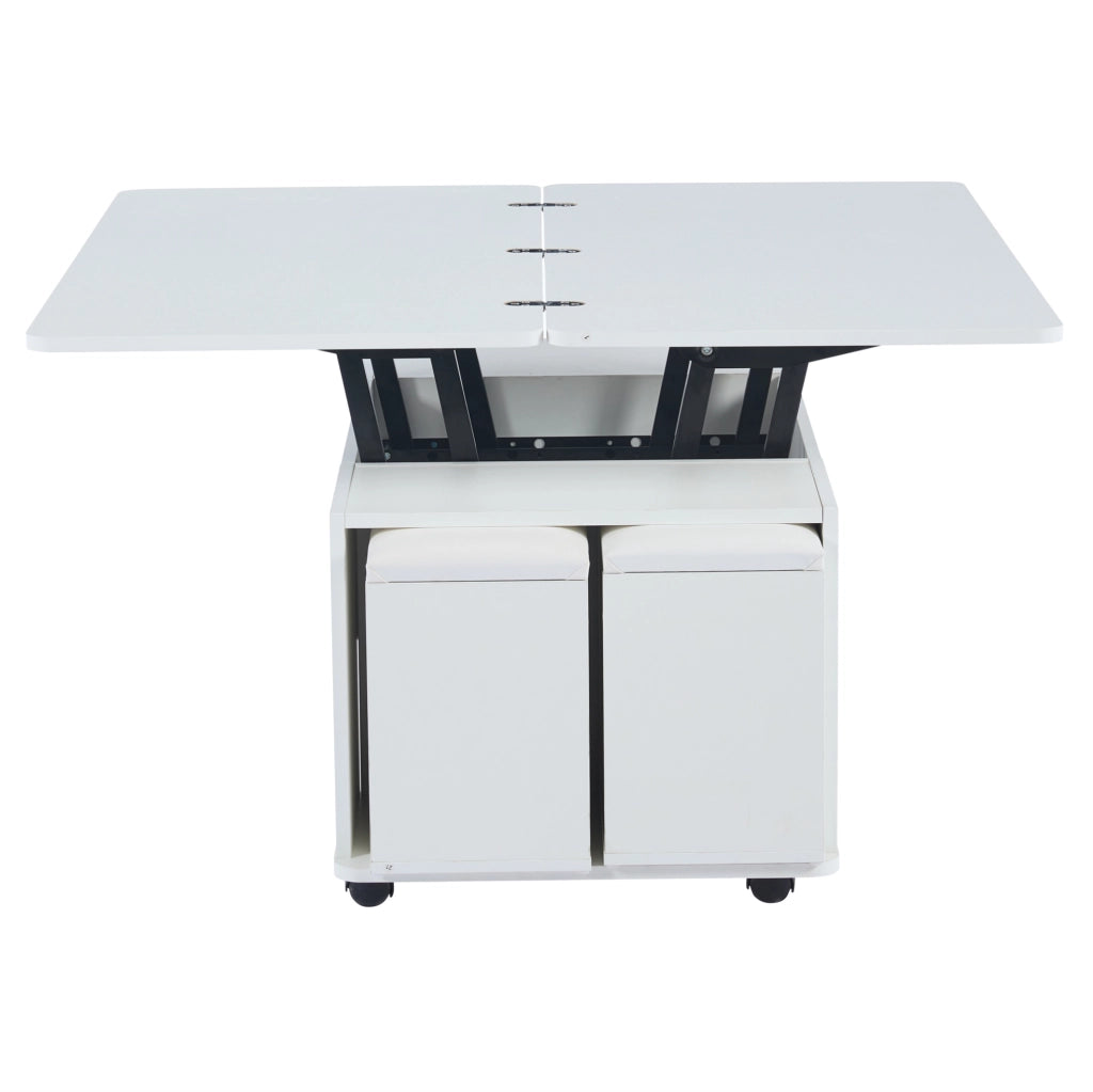 Tavolino da caffè sollevabile 100x50x45 cm bianco, 4 sgabelli, contenitore