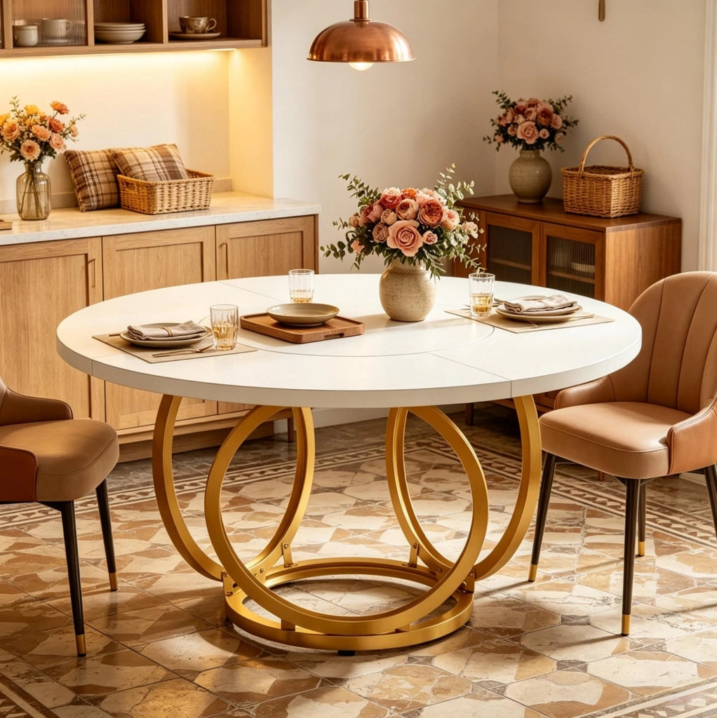 Tavolo da pranzo rotondo 120 cm bianco e oro