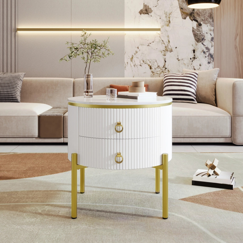 TAVOLINO da salotto 50x51 cm bianco e oro in MDF con 2 cassetti