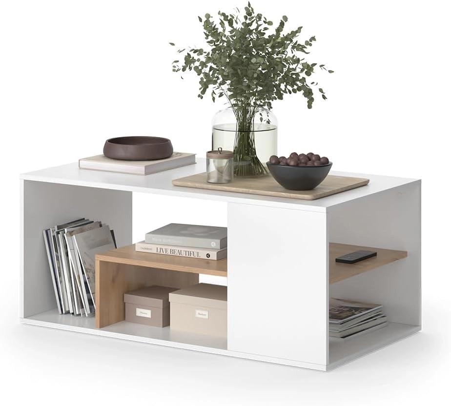 Tavolino da salotto Edgar, Rovere bianco/dorato, 110 x 59 cm, con ulteriore ripiano sotto il piano del tavolo