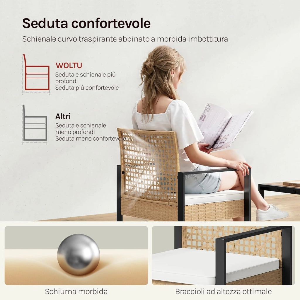 Set di Mobili da Esterno, Tavolo, Divano a 2 Posti e 2 Poltrone con Cuscini Rimovibili, Salotto da Giardino, Resistente alle Intemperie, per Terrazza, Balcone, Colore Legno Naturale