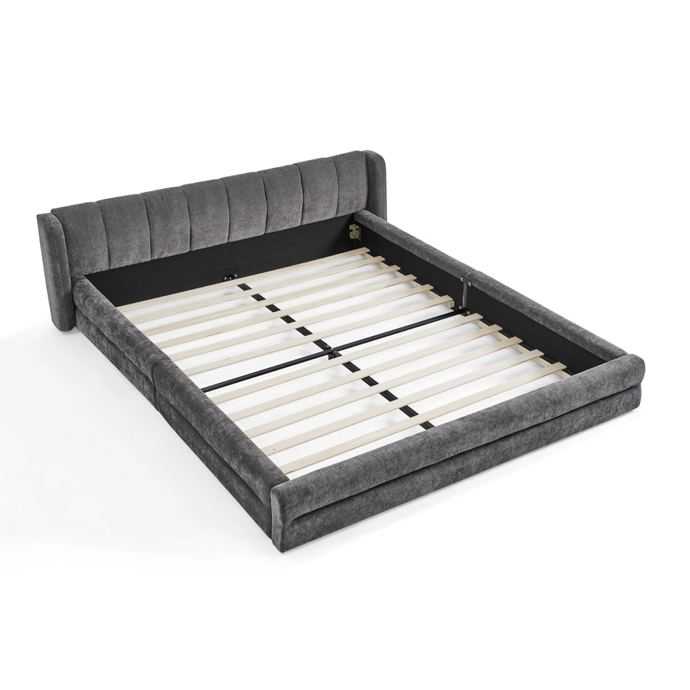 Letto matrimoniale 140 × 200 cm con testiera imbottita, senza materasso, in ciniglia, grigio scuro