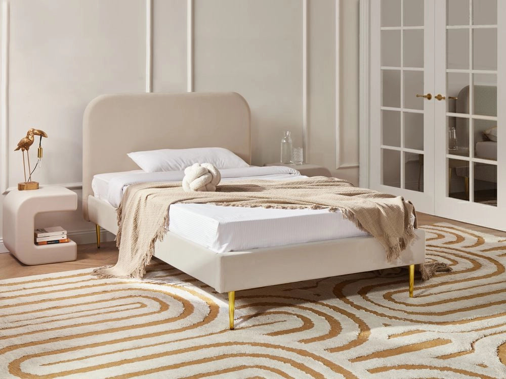 Letto beige velluto tappezzeria doppia dimensione gambe dorate testiera con rete a doghe 120 x 200 cm design minimalista