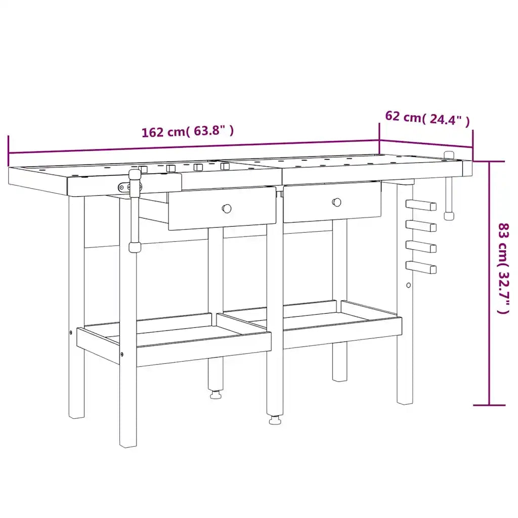 Banco Lavoro Cassetti e Morse 162x62x83cm Legno Massello Acacia CFW5493879
