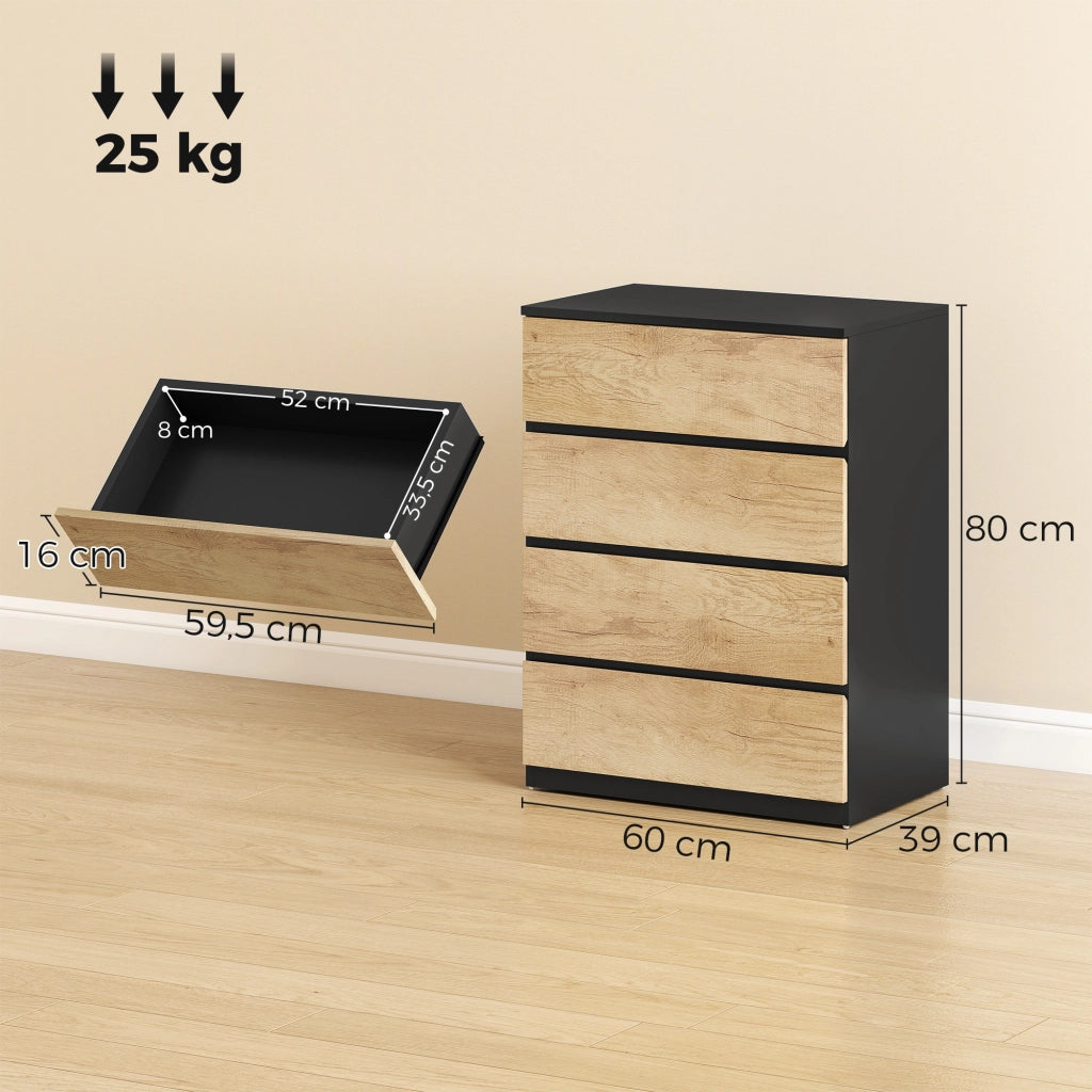 Cassettiera 4 Cassetti 60x40x80 cm con Guide in Metallo e Maniglie Scanalate in Legno Nero e Rovere