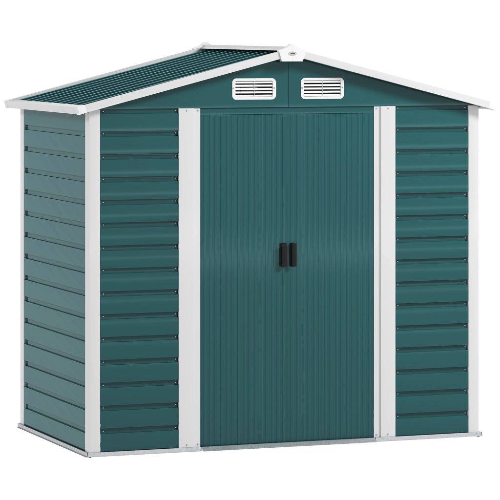 Casetta Box da Giardino 210x120x190 cm con Porte Scorrevoli e Lucchetto con Chiavi in Metallo Verde