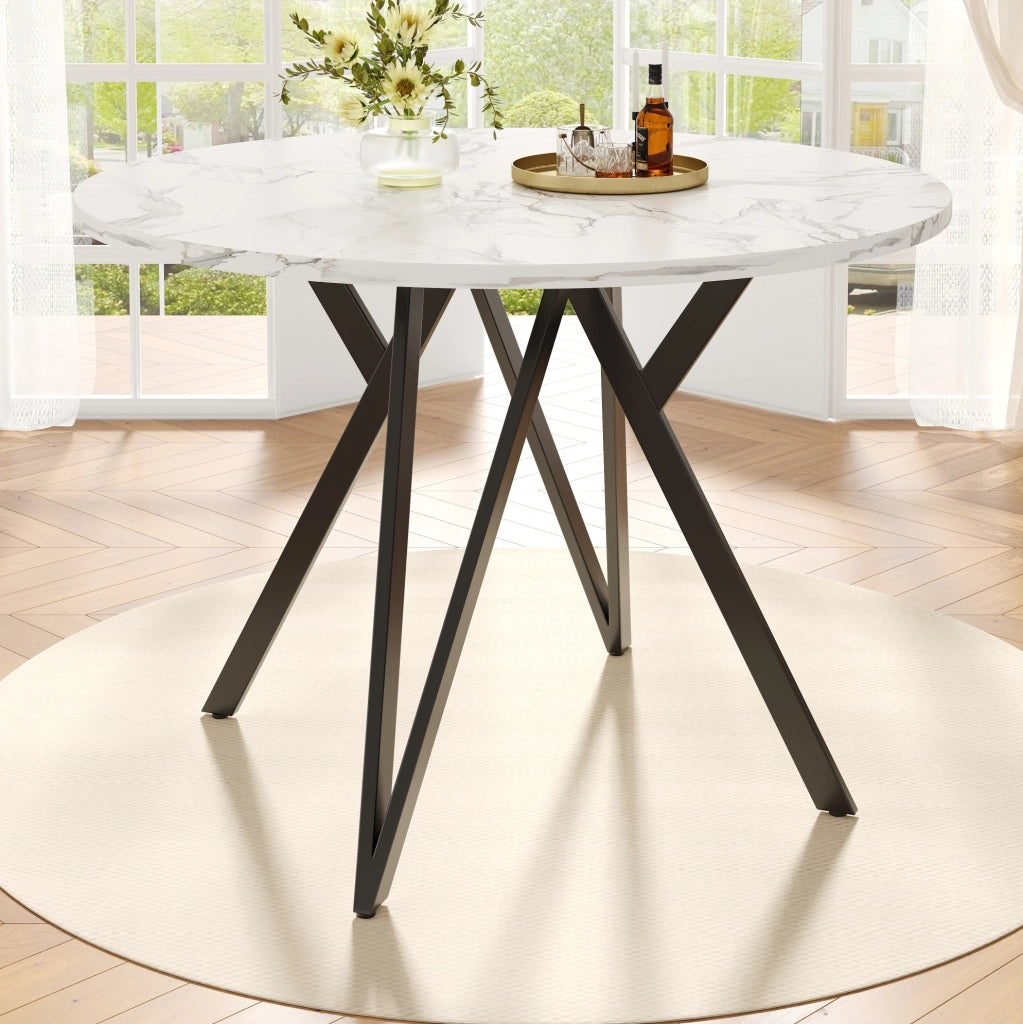 Tavolo rotondo da pranzo 100x100x76 cm in MDF effetto marmo nero con struttura in metallo