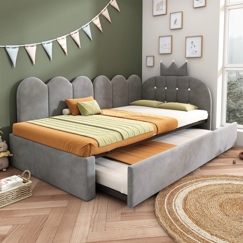 Letto Singolo Estraibile a Forma di L con Testiera Velluto ¨C Xylo ¨C Grigio 90x200 cm