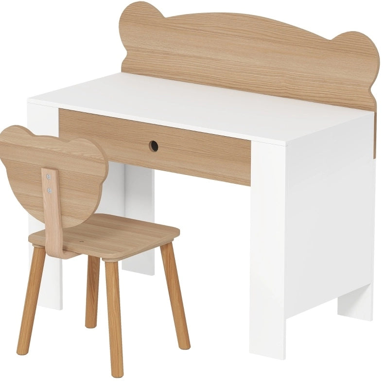 Set scrivania e sedia per bambini in legno naturale con cassetto