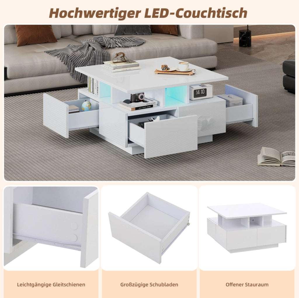 Tavolino da caffè LED bianco 70x70 cm con 4 cassetti