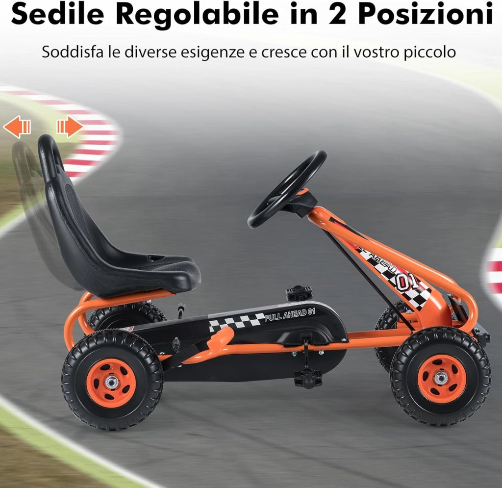 Go Kart a Pedali per Bambini, Go Kart Veicolo con Sedile Regolabile e Freno a Mano, per Bambini 3-6 Anni, Portata Massima 30 kg (Arancia)